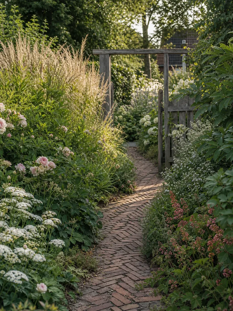 Een gebogen klinkerpad tussen rozen, siergrassen en een houten tuinpoort.